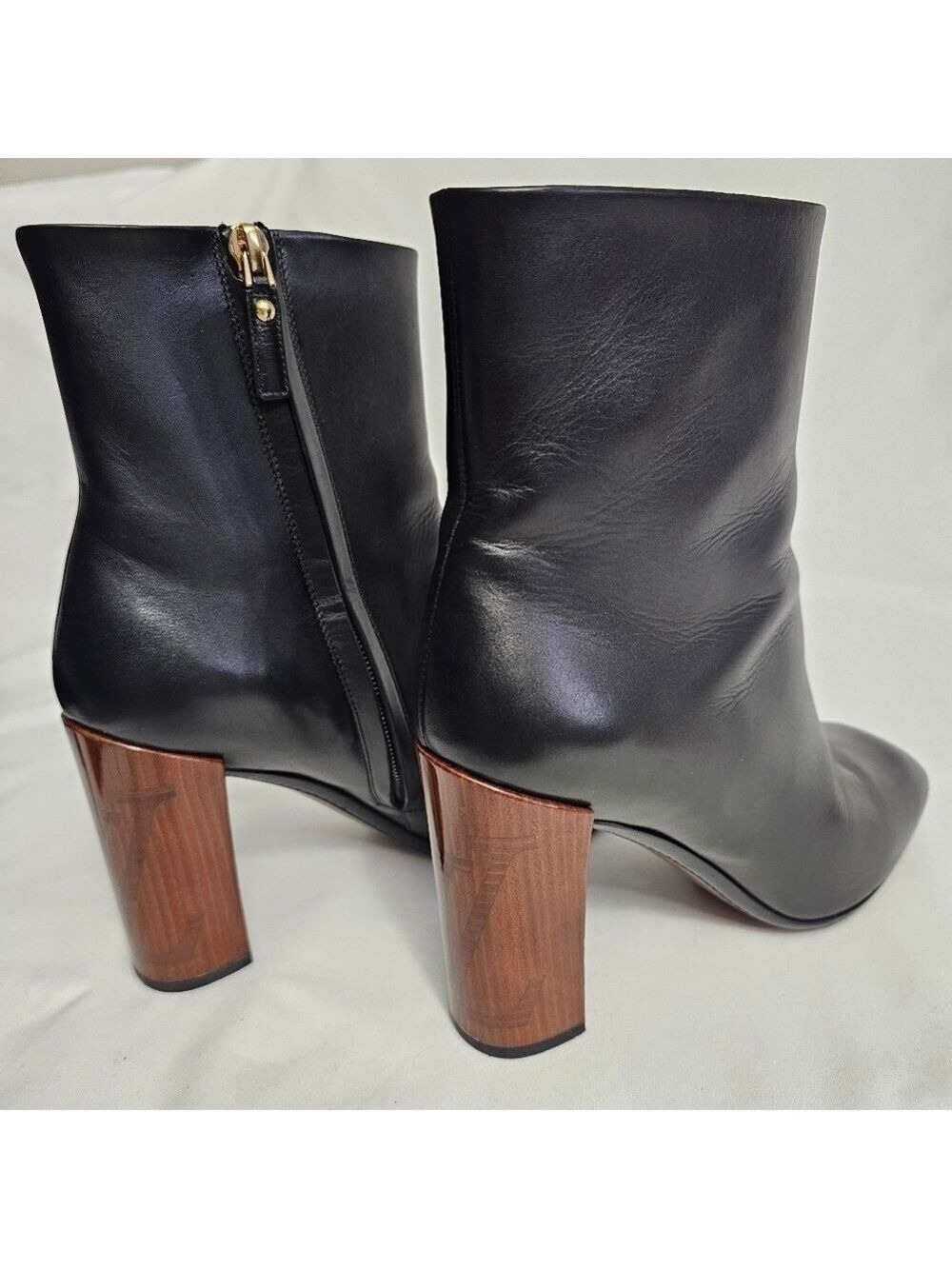 Authentic Louis Vuitton Black Leather Ankle Boots Wood Heel 6.5